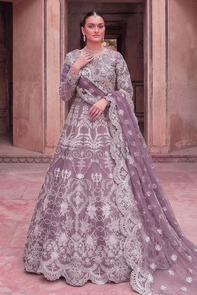 Lilac Net Embroidered Anarkali Dress With Dupatta