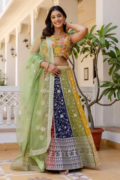 Multicolor Georgette Embroidered Lehenga Set With Net Dupatta