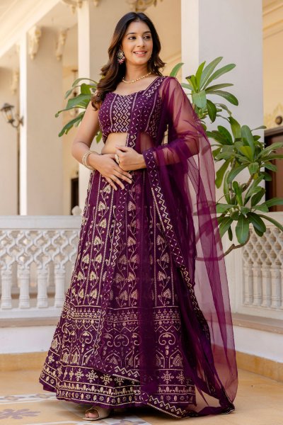 Plum Georgette Embroidered Lehenga Set With Net Dupatta