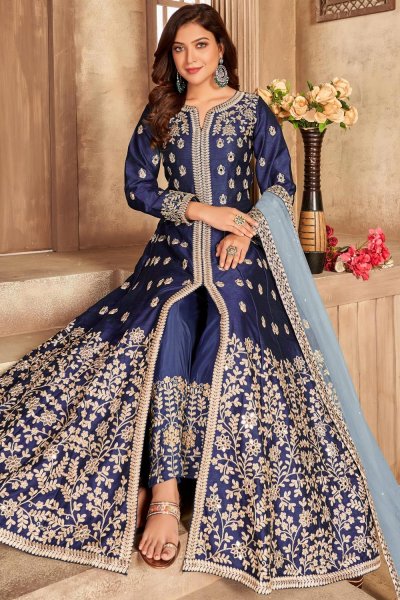Navy Blue Silk Embroidered Front Slit Anarkali Suit Navy Blue Silk Embroidered Front Slit Anarkali Suit