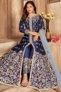 Navy Blue Silk Embroidered Front Slit Anarkali Suit