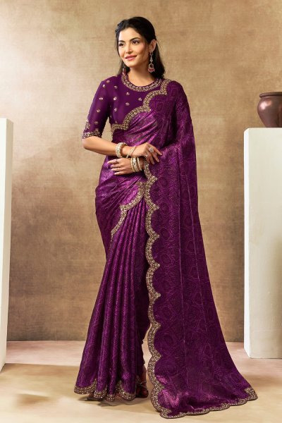 Plum Satin Silk Printed & Hand Embroidered Saree Plum Satin Silk Printed & Hand Embroidered Saree