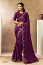Plum Satin Silk Printed & Hand Embroidered Saree