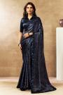 Navy Blue Satin Silk Printed & Embroidered Saree
