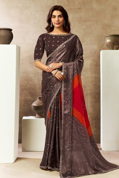 Chocolate Brown Satin Silk Printed & Hand Embroidered Saree Chocolate Brown Satin Silk Printed & Hand Embroidered Saree