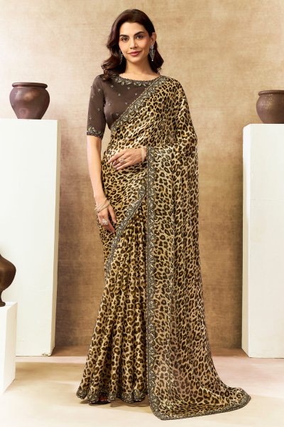 Yellow & Brown Satin Silk Animal Printed & Embroidered Saree Yellow & Brown Satin Silk Animal Printed & Embroidered Saree