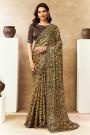 Yellow & Brown Satin Silk Animal Printed & Embroidered Saree