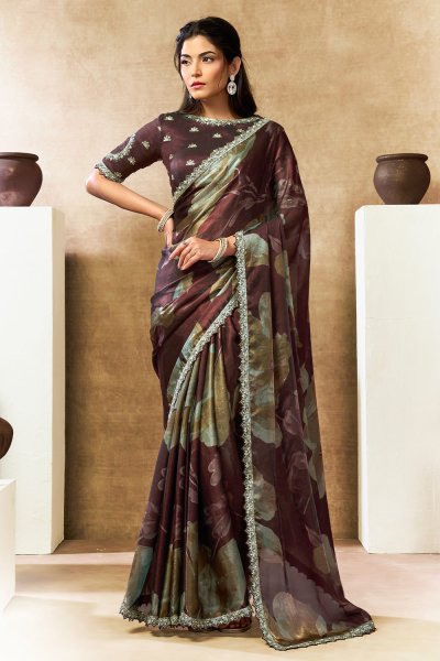 Brown & Multicolor Satin Silk Printed & Hand Embroidered Saree Brown & Multicolor Satin Silk Printed & Hand Embroidered Saree