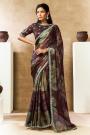 Brown & Multicolor Satin Silk Printed & Hand Embroidered Saree