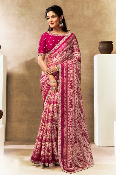Magenta & Ivory Satin Silk Printed & Embroidered Saree Magenta & Ivory Satin Silk Printed & Embroidered Saree