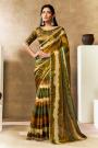 Olive Green Satin Silk Printed & Hand Embroidered Saree