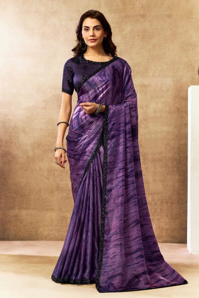 Purple Satin Silk Printed & Embroidered Saree Purple Satin Silk Printed & Embroidered Saree