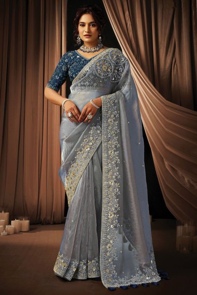 Silver Grey Organza Silk & Satin Embroidered Saree With Blouse Silver Grey Organza Silk & Satin Embroidered Saree With Blouse