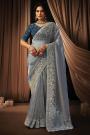Silver Grey Organza Silk & Satin Embroidered Saree With Blouse