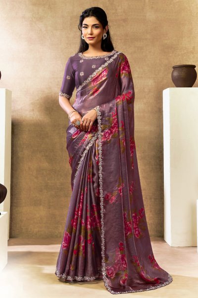 Mauve Satin Silk Printed & Embroidered Saree Mauve Satin Silk Printed & Embroidered Saree