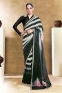 Deep Bottle Green & Ivory Satin Silk Printed & Hand Embroidered Saree