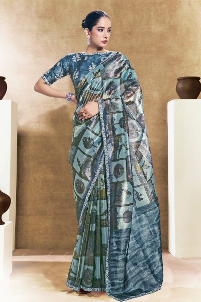 Grey Blue Tissue Silk Printed & Hand Embroidered Saree Grey Blue Tissue Silk Printed & Hand Embroidered Saree