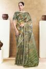 Olive Green Tissue Silk Printed & Hand Embroidered Saree
