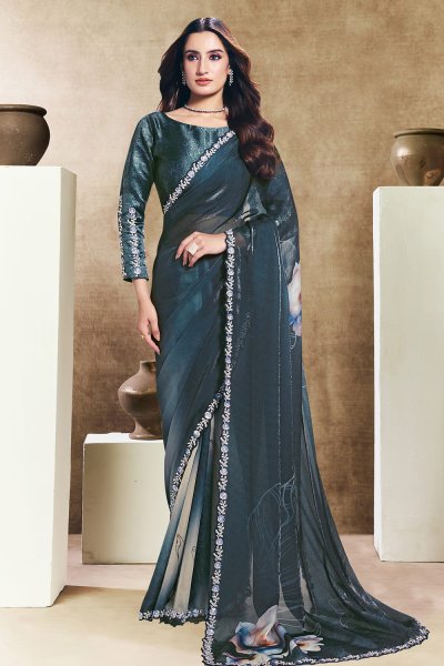 Charcoal Grey Satin Silk Printed & Hand Embroidered Saree Charcoal Grey Satin Silk Printed & Hand Embroidered Saree