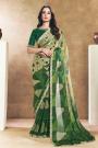 Green Satin Silk Printed & Hand Embroidered Saree