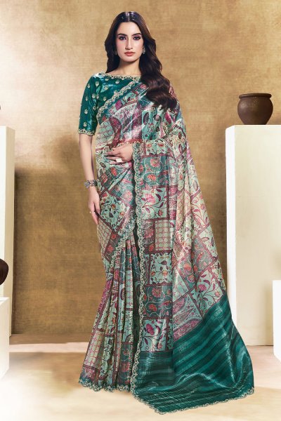 Green & Multicolor Tissue Silk Printed & Embroidered Saree Green & Multicolor Tissue Silk Printed & Embroidered Saree