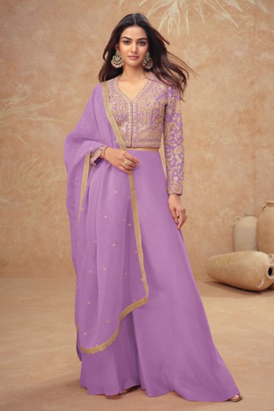 Lavender Silk Embroidered Top With Palazzo And Dupatta Lavender Silk Embroidered Top With Palazzo And Dupatta
