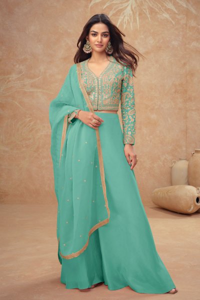 Aqua Green Silk Embroidered Top With Palazzo And Dupatta Aqua Green Silk Embroidered Top With Palazzo And Dupatta