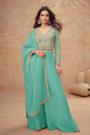 Aqua Green Silk Embroidered Top With Palazzo And Dupatta
