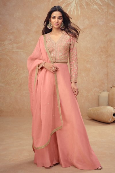 Coral Peach Silk Embroidered Top With Palazzo And Dupatta