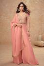 Coral Peach Silk Embroidered Top With Palazzo And Dupatta