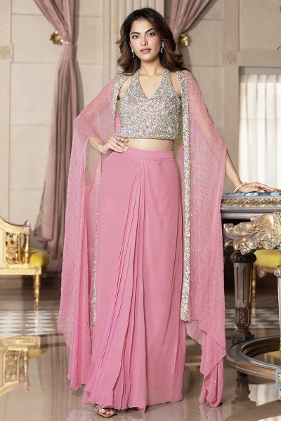 Blush Pink Georgette Embroidered Dhoti Skirt With Top & Shrug