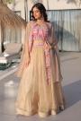 Light Beige & Pink Silk Embroidered Skirt & Top Set With Shrug