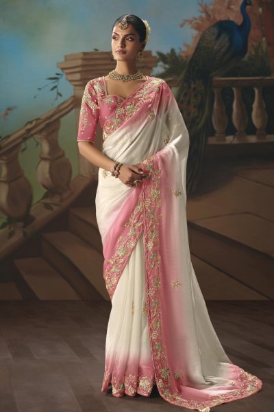 Ivory & Blush Pink Tissue Silk Embroidered Saree Ivory & Blush Pink Tissue Silk Embroidered Saree