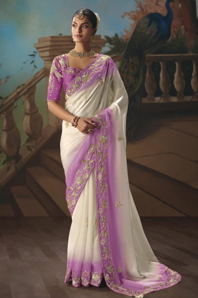Ivory & Purple Tissue Silk Embroidered Saree Ivory & Purple Tissue Silk Embroidered Saree