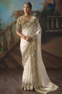 Ivory & Olive Green Tissue Silk Embroidered Saree