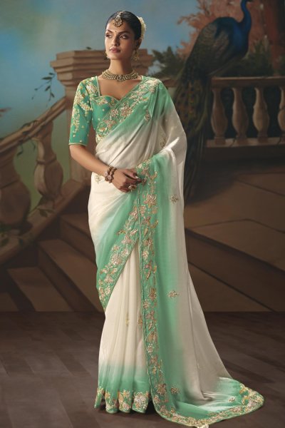 Ivory & Aqua Green Tissue Silk Embroidered Saree Ivory & Aqua Green Tissue Silk Embroidered Saree