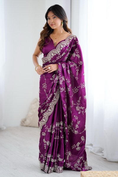 Plum Satin Silk Embroidered Saree Plum Satin Silk Embroidered Saree