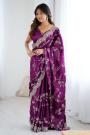 Plum Satin Silk Embroidered Saree