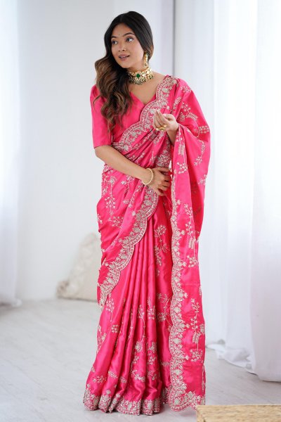 Fuchsia Pink Satin Silk Embroidered Saree Fuchsia Pink Satin Silk Embroidered Saree