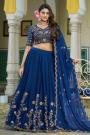 Navy Blue Silk Embroidered Lehenga Set