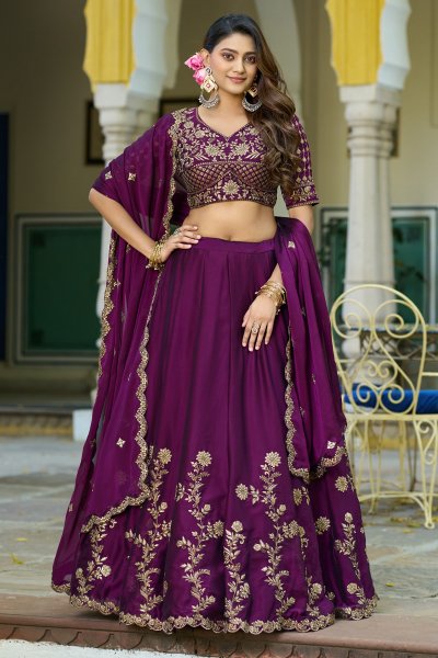 Plum Georgette Silk Embroidered Lehenga Set Plum Georgette Silk Embroidered Lehenga Set