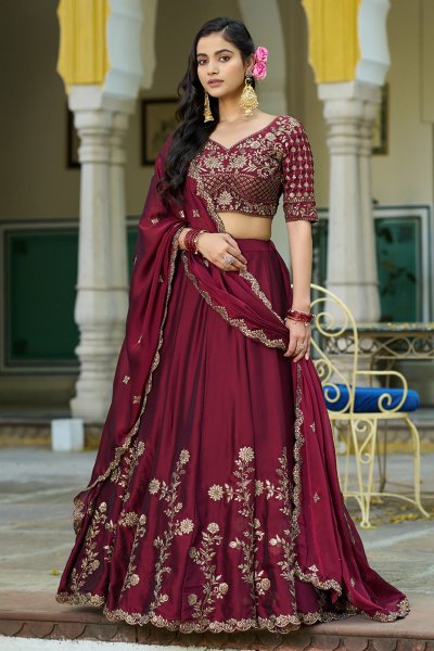 Deep Maroon Silk Embroidered Lehenga Set Deep Maroon Silk Embroidered Lehenga Set