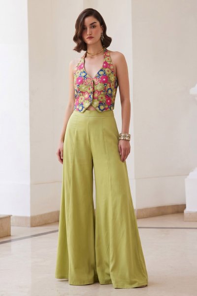 Kiwi Green & Multicolor Silk Embroidered Waistcoat Style Top With Palazzo Kiwi Green & Multicolor Silk Embroidered Waistcoat Style Top With Palazzo