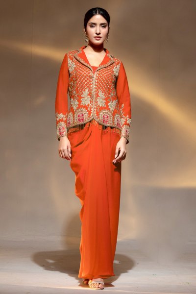 Burnt Orange Crepe Silk Embroidered Indo-Western Top & Dhoti Skirt Set