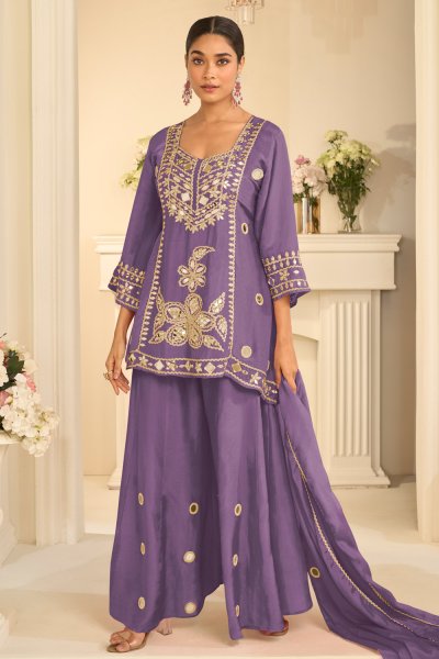 Lavender Chinon Silk Embroidered Sharara Kurta Set Lavender Chinon Silk Embroidered Sharara Kurta Set