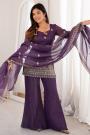 Plum Purple Silk Embroidered Shorti Kurti With Palazzo & Dupatta