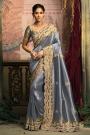 Grey Silk Embroidered & Zari Woven Saree