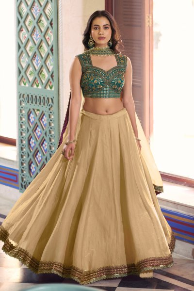Prussian Blue & Beige Silk Embroidered Lehenga Set
