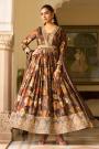 Chocolate Brown Chinon Silk Printed & Embroidered Anarkali Dress With Dupatta