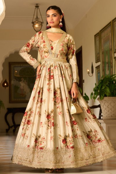 Ivory Chinon Silk Printed & Embroidered Anarkali Dress With Dupatta